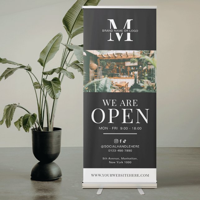 We Are Open Minimalist Business Logo Photo Modern Retractable Banner (Modern black logo and photo Business We're Open Retractable Banner)