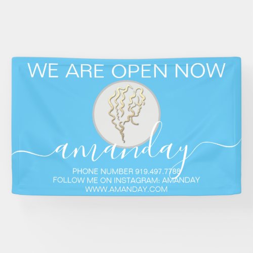 We Are Open Now Blue Golden Logo Hairdresser Banner