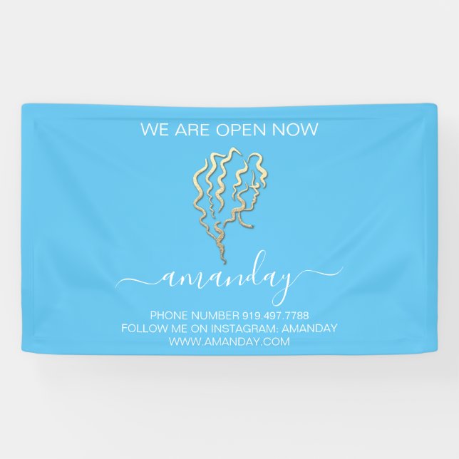 We Are Open Now Blue Logo Gold Hairdresser Banner (Horizontal)
