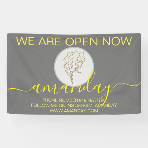 We Are Open Now Gray Golden Logo Hairdresser Banner