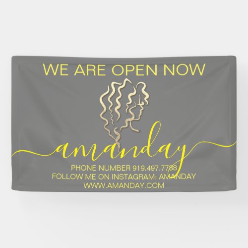 We Are Open Now Logo Gray Gold Hairdresser Banner