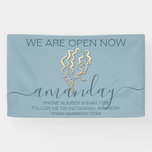 We Are Open Now Logo Smoky Blue Gold Hairdresser Banner
