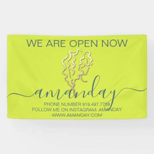 We Are Open Now Logo Yellow Gold Hairdresser Banner