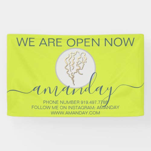 We Are Open Now Yellow Golden Logo Hairdresser Banner