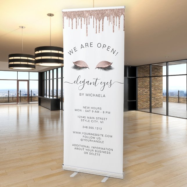 We Are Open Rose Gold Glitter Eyes Makeup Retractable Banner (Creator Uploaded)