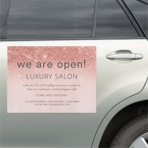 We Are Open Rose Gold Glitter Salon Car Magnet