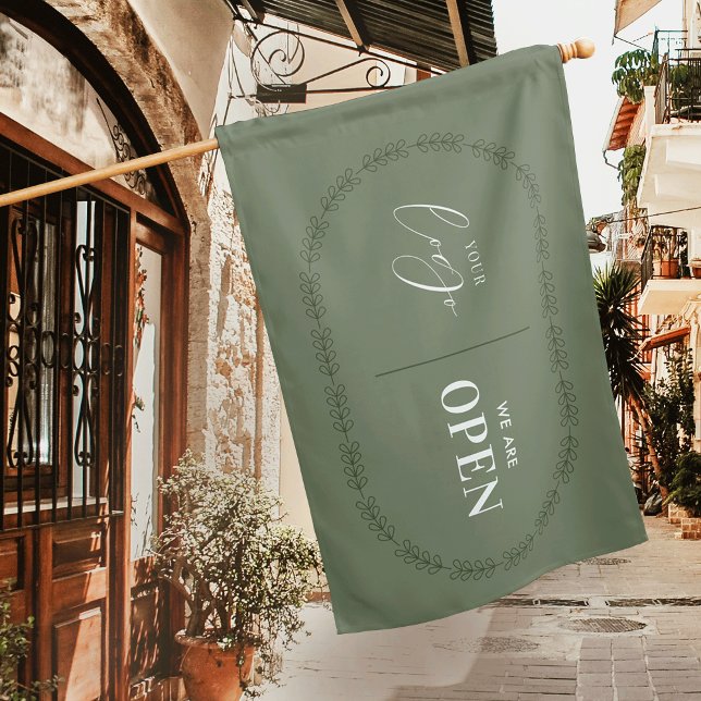 We Are Open Sign Elegant Sage Green Salon Flag (Sage green boho we are open business sign with logo and floral motifs)