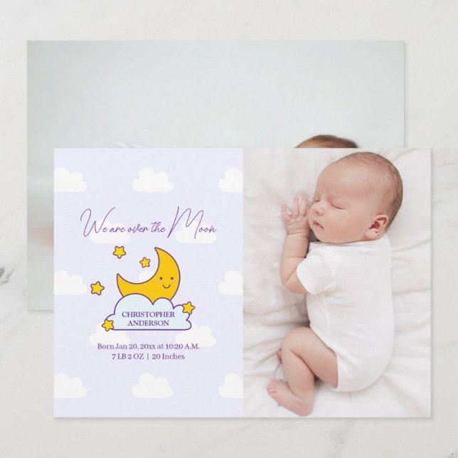 We Are Over The Moon 2 Photo Birth Announcement (Front/Back)