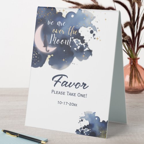 We are over the moon baby shower blue favor table tent sign