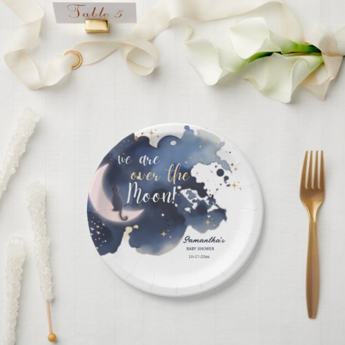 We are over the moon baby shower blue  paper plates