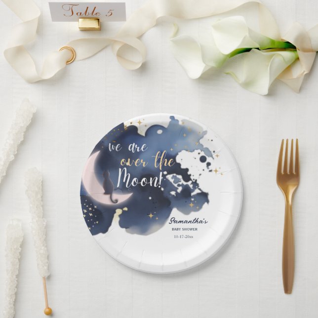 We are over the moon baby shower blue  paper plates (Wedding)