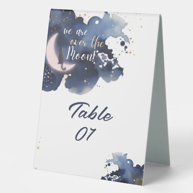 We are over the moon baby shower blue  table tent (Front)