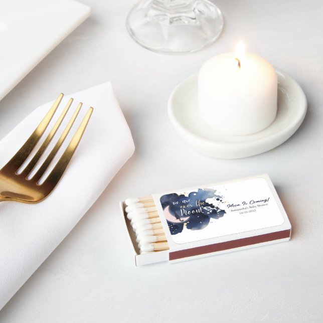 We are over the moon baby shower blue thankyou matchboxes (Insitu)