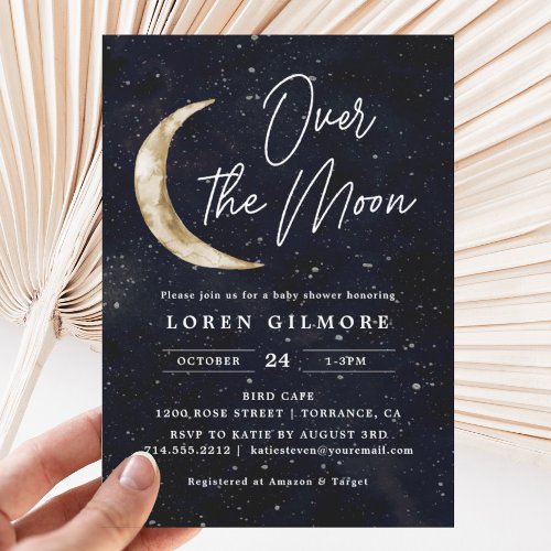 We Are Over The Moon Baby Shower  Space Invitation