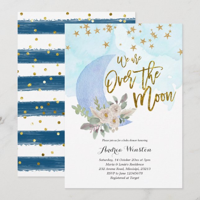 We are Over the Moon Blue Baby Shower Invitation (Front/Back)