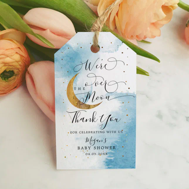 We Are Over The Moon Blue Gold Baby Shower Gift Tags



