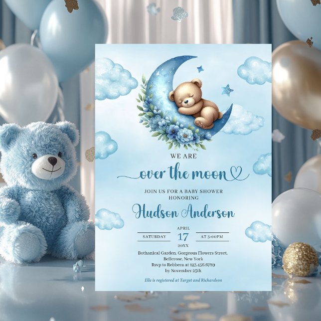 We are over the moon cute blue brown teddy bear invitation ( we are over the moon - sleeping teddy bear over floral moon boy baby shower invitation)