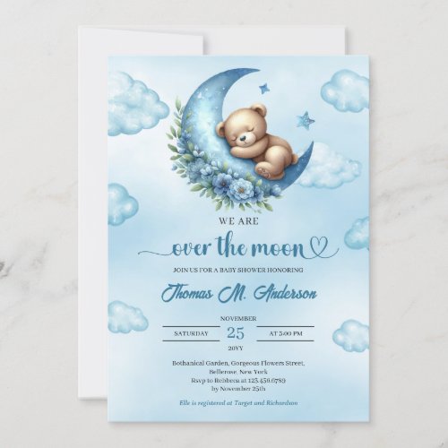 We are over the moon cute blue brown teddy bear invitation