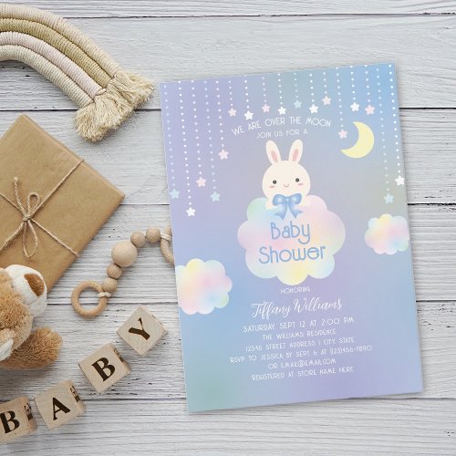 We Are Over the Moon Little Bunny Boy Baby Shower Invitation