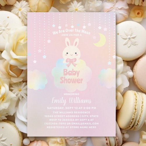 We Are Over the Moon Little Bunny Girl Baby Shower Invitation