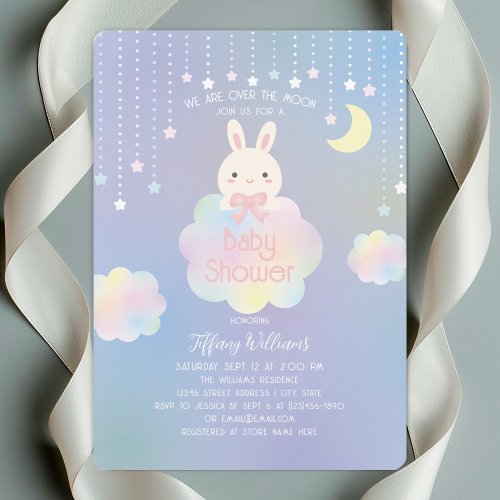 We Are Over the Moon Little Bunny Girl Baby Shower Invitation