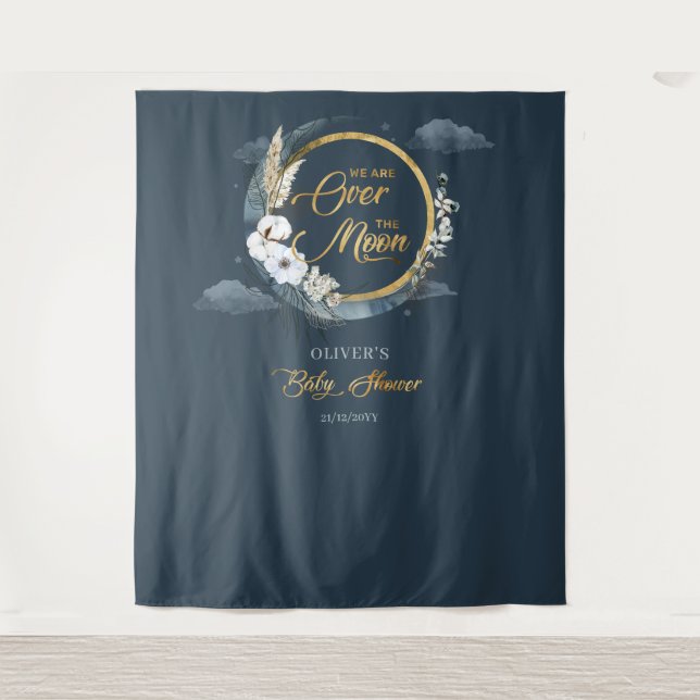 We are over the moon  navy and gold moon pampas tapestry (Front)