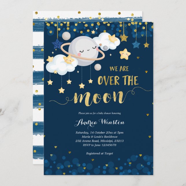 We are Over the Moon Navy Blue Baby Shower Invitation (Front/Back)