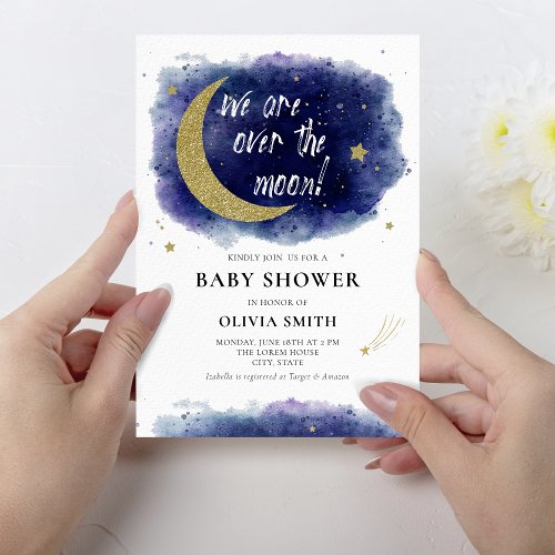 We Are Over The Moon Navy Blue Space Baby Shower Invitation