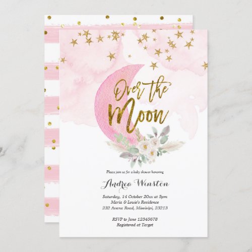 We are Over the Moon Pink Baby Shower Invitation