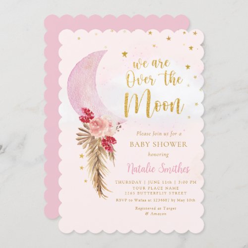 We are Over The Moon Pink Girl Baby Shower Invitation