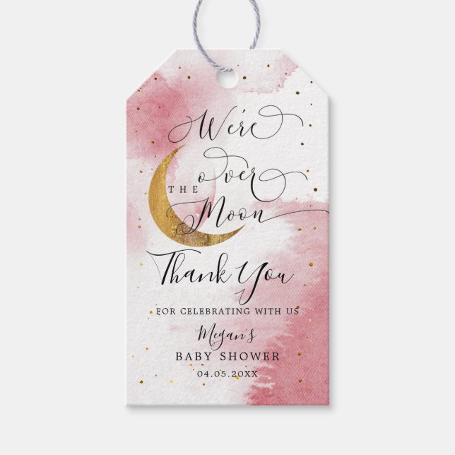 We Are Over The Moon Pink Gold Baby Shower Gift Tags (Front)