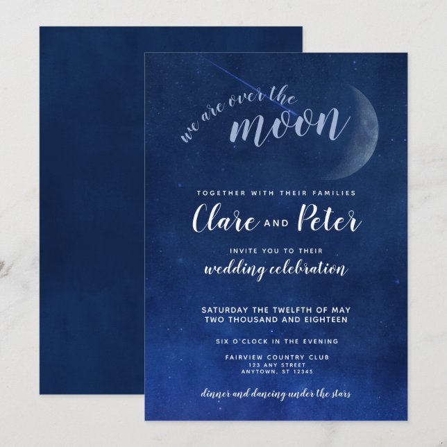 We are Over the Moon Starry Night Navy Wedding Invitation (Front/Back)