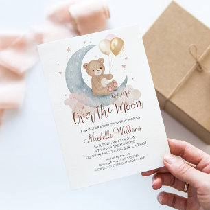 We Are Over The Moon Teddy Bear Baby Shower Invitation