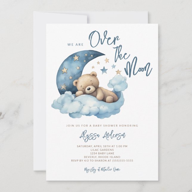 We Are Over the Moon Teddy Bear Baby Shower Invitation (Front)