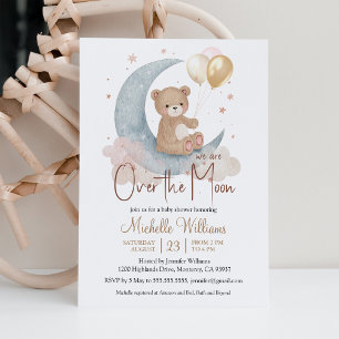 We Are Over The Moon Teddy Bear Stars Baby Shower Invitation