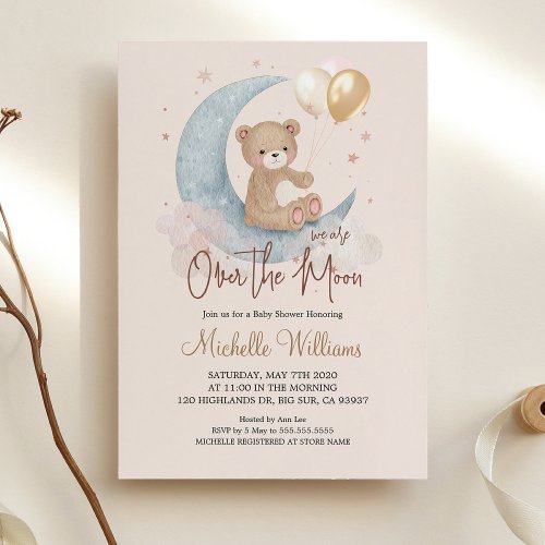 We Are Over The Moon Teddy Bear Stars Baby Shower Invitation