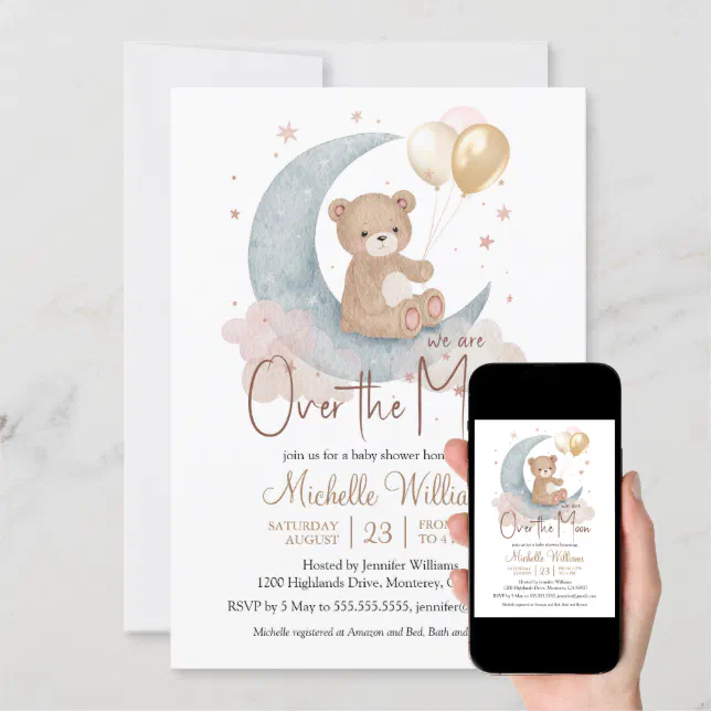 We Are Over The Moon Teddy Bear Stars Baby Shower Invitation | Zazzle