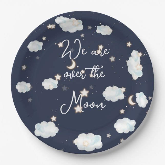 We Are Over The Moon Theme Baby Shower Invitation Paper Plates (Front)