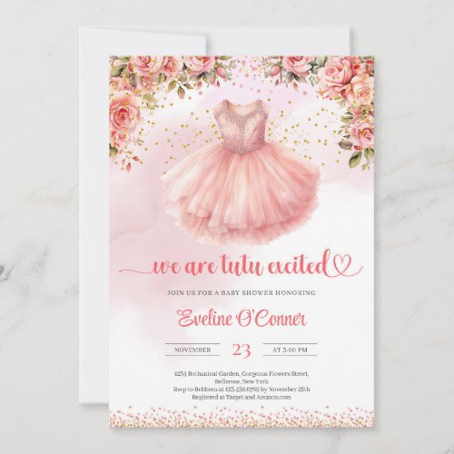 We are tutu excited ballerina dress pink and gold  invitation
