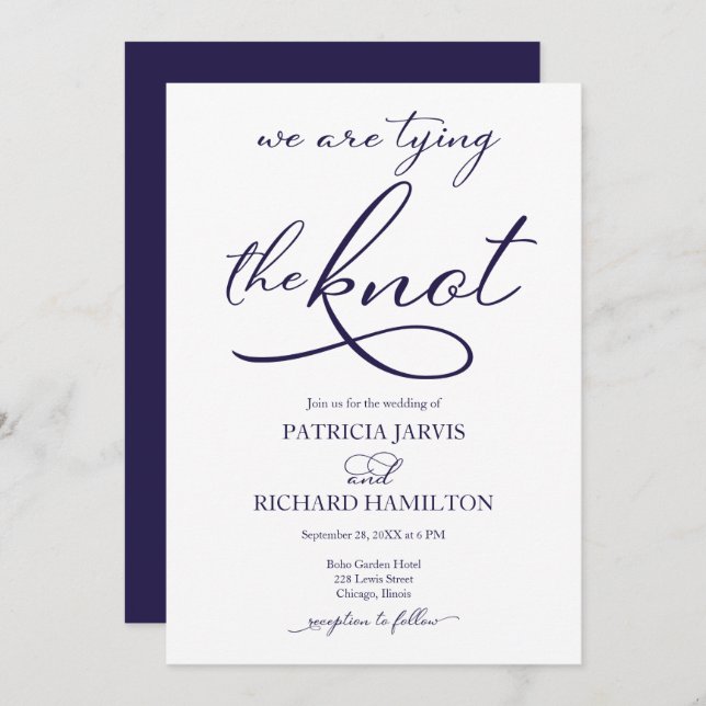 We Are Tying The Knot Navy Blue Script Wedding Invitation (Front/Back)