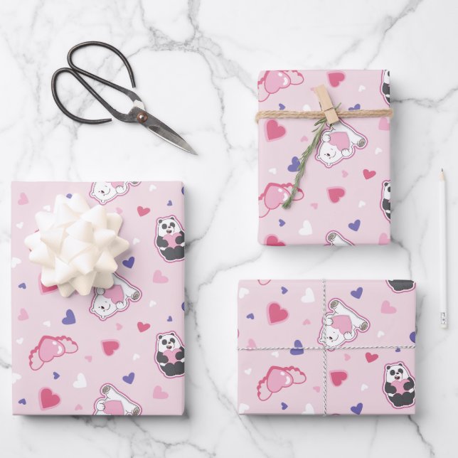We Bare Bears - Valentine Hearts Pattern Wrapping Paper Sheets (Front)