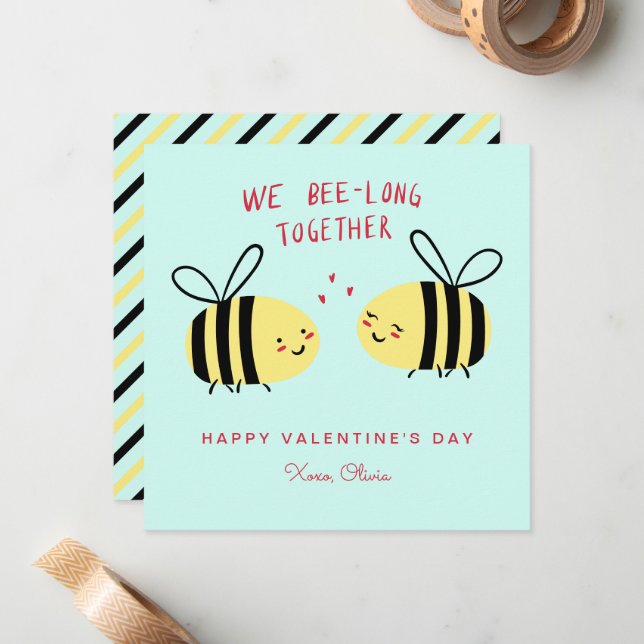 We Bee-long Together Cute Kids Valentine's Day Note Card (Front/Back In Situ)