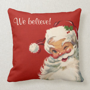 "We Believe" Jolly Vintage Santa Claus Throw Pillow