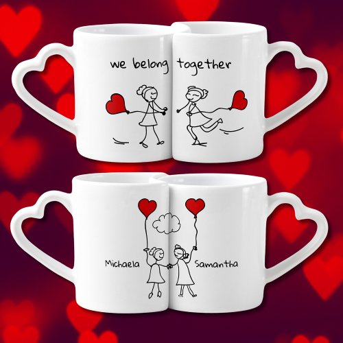 We Belong Together Cute Stick Figures Lesbian Coffee Mug Set