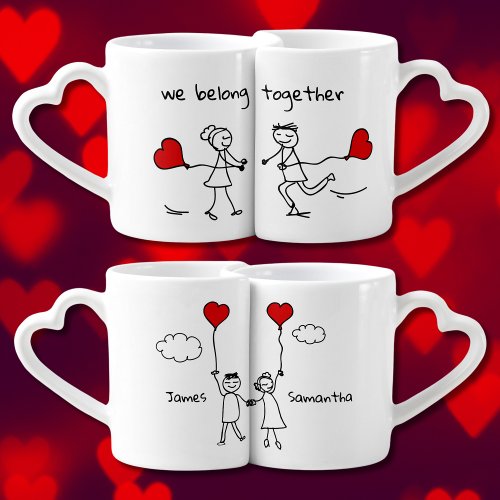 We Belong Together Cute Stick Figures  Names Coffee Mug Set