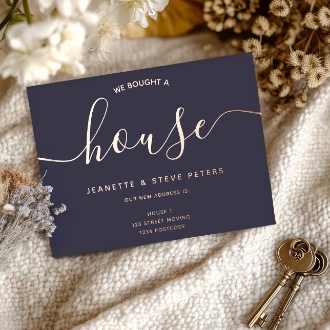 We bought a house navy blue simple script moving foil invitation postcard (We bought a house navy blue simple script moving foil invitation postcard)