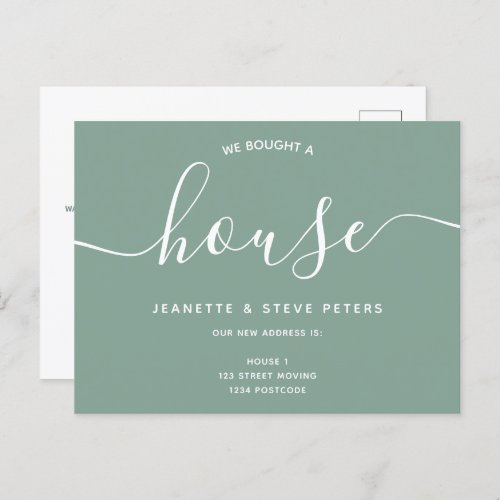 We bought a house pastel green script moving announcement postcard