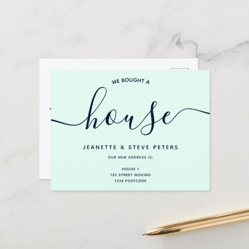 We bought a house pastel mint simple script moving announcement postcard