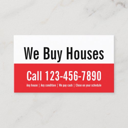 We Buy Houses Red and White Real Estate Investor Business Card