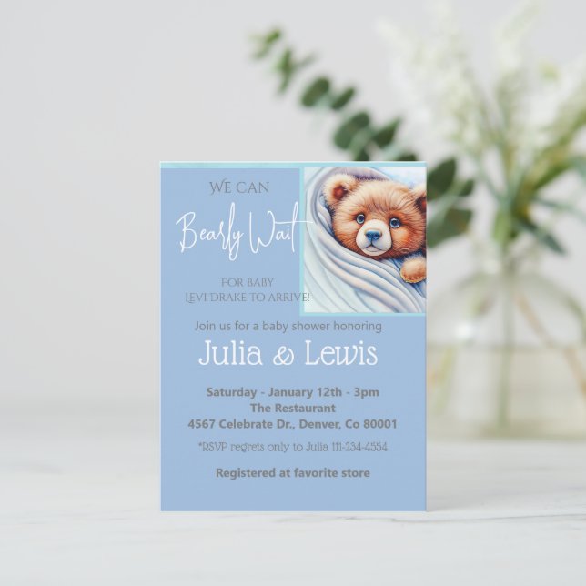 We can barely wait baby boy Invitation Postcard (Standing Front)